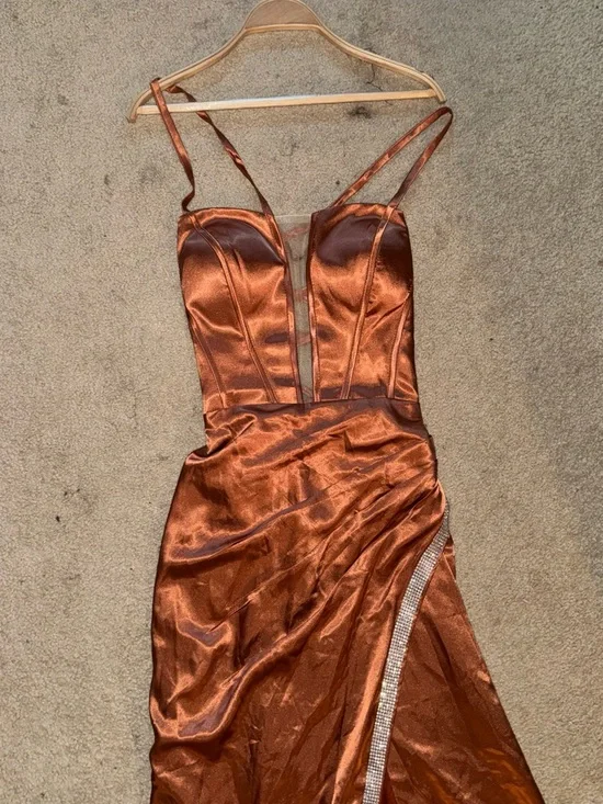 Satin Copper Spaghetti-Strap Prom Dress - Picture 1 of 3